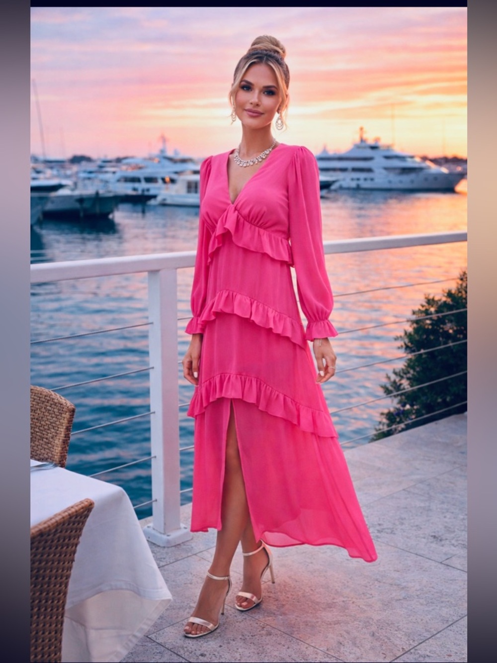 New Look NWOT Pink Long Sleeve Frill Tiered Maxi Dress size 6.